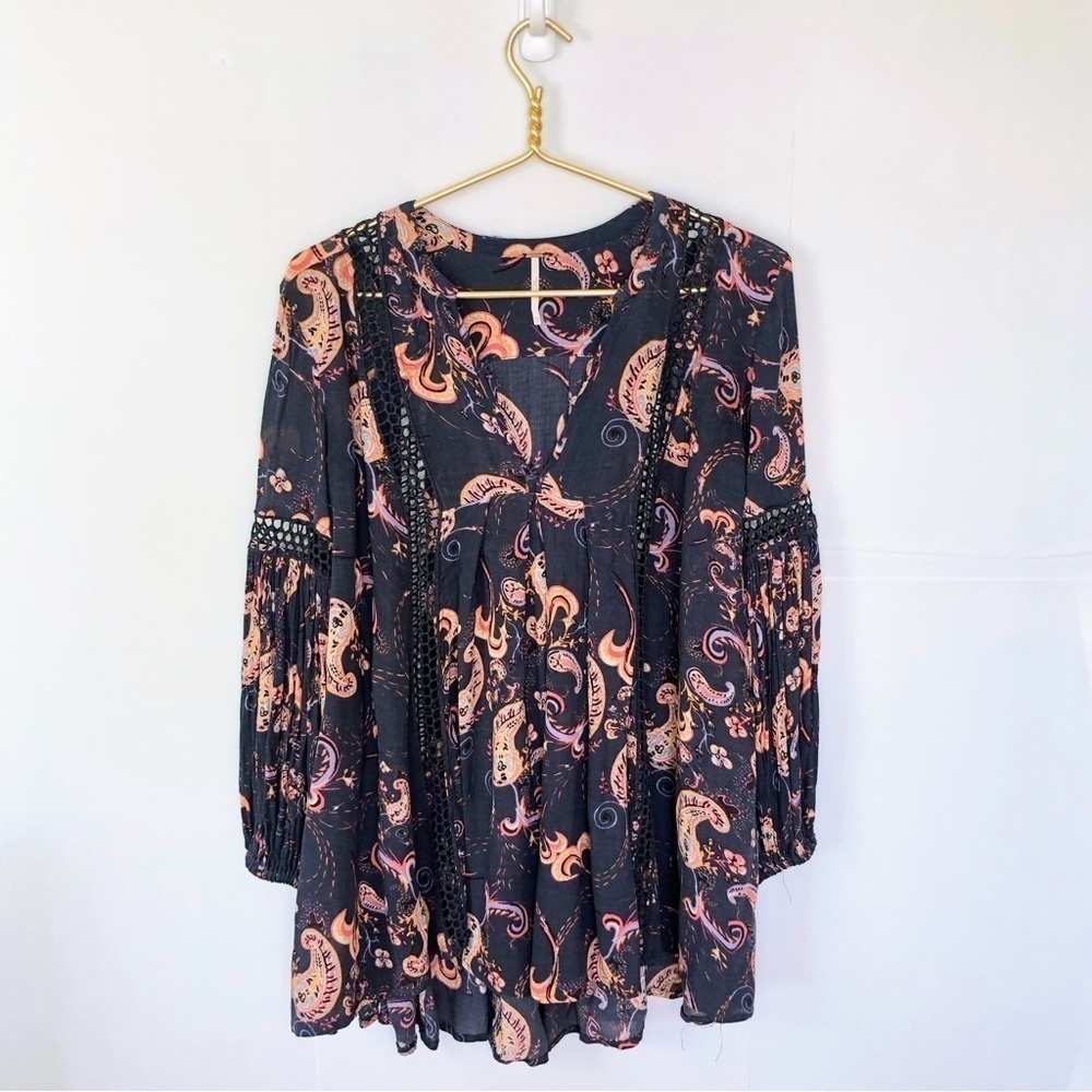 FREE People navy multi paisley print flowy balloon sleeves lace trim mini dress